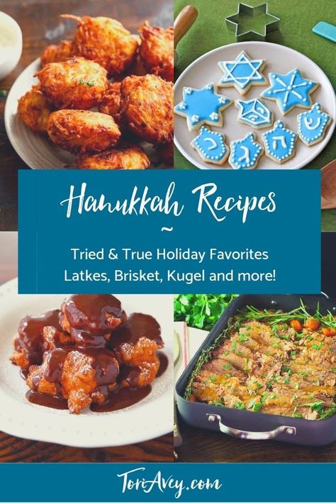 Hanukkah Holiday Recipe Roundup - Delicious, inspired recipes for your Hanukkah holiday table. Includes appetizers, entrees, sides, and desserts. | Tori Avey #TorisKitchen #hanukkah #chanukah #holidayrecipes #kosher #jewishholiday #kosher via @toriavey Chanukah Party Ideas, Hanukkah Foods, Hanukah Menu, Hanukah Appetizers, Jewish Dishes, Hannukah Recipes, Hanukkah Desserts, Hanukkah Recipes, Hanukkah Dinner