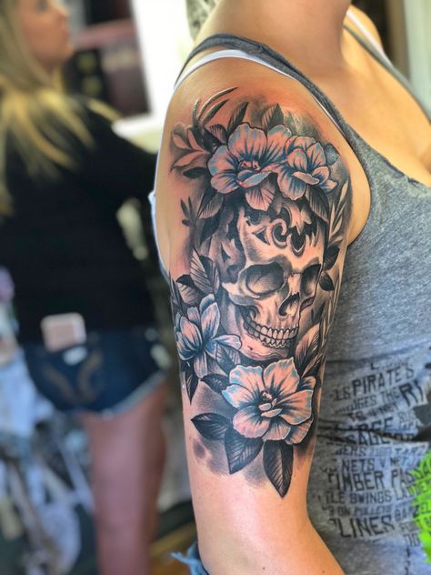 My half sleeve Skull And Lace Tattoos For Women, Womens Skull Tattoo Sleeve, Woman’s Half Sleeve Tattoo, Skull Shoulder Tattoo For Women, Half Sleeve Ideas For Women, Feminine Skull Tattoo Sleeve, Half Skull Half Flower Tattoo, Half Woman Half Skull Tattoo, Feminine Skull Tattoos For Women