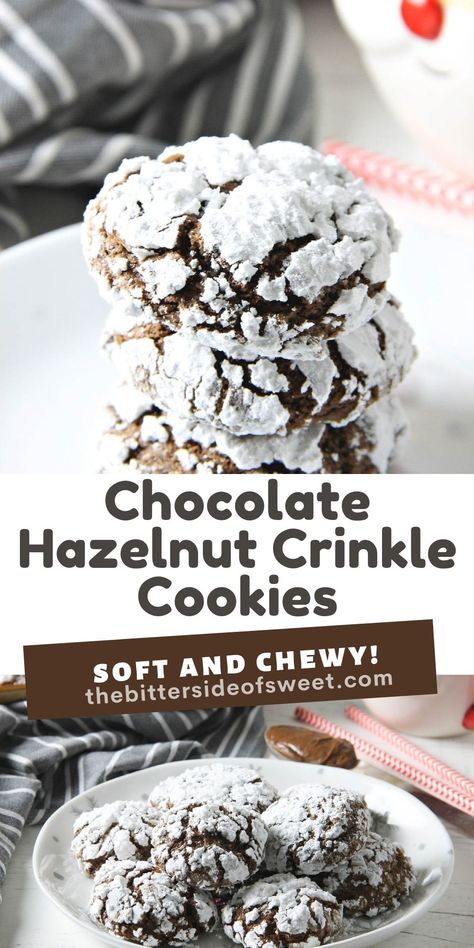 Chocolate Hazelnut Crinkle Cookies are impossible to resist. They're made with the sweet addition of creamy hazelnut spread! | The Bitter Side of Sweet Hazelnut Christmas Cookies, Hazelnut Dessert Recipes, Hazelnut Cookies Recipes, Hazelnut Recipes Desserts, Hazelnuts Recipes, Hazelnut Dessert, Chocolate Hazelnut Cookies, Homemade Cookie Dough, Hazelnut Recipes