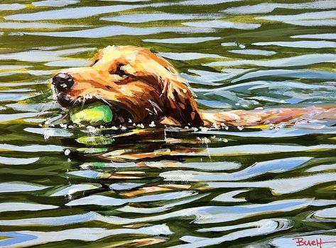 "Nice Day For a Swim" by Shari Buelt Dog Swimming Illustration, Labrador Swimming, Underwater Drawing, Golden Retriever Art, Pet Paintings, Illusion Drawings, Dog Swimming, Surfboard Art, Canine Art