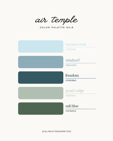 Inspired by the soft colors of southern air temple, by @alwayssunnyco Coastal Maine Color Palette, Blue Sage Color Palette, Seaglass Color Palette Wedding, Therapist Color Palette, Air Temple, Hex Color Palette, Paint Color Palettes, Brand Color Palette, Color Palate