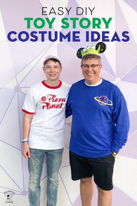 DIY some simple Toy Story Costumes with a Cricut Machine. Group Halloween costume ideas for Disney. DIY Toy Story Pizza Planet and Green Alien Costumes. #DIY #Disney #Costume #ToyStory Easy Toy Story Costumes For Adults, Mens Toy Story Costume, Rex From Toy Story Costume Diy, Easy Toy Story Costumes, Toy Story Costumes Family, Adult Toy Story Costumes, Toy Story Alien Costume Diy, Toy Story Diy Costumes, Toy Story Adult Costumes