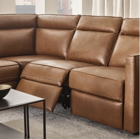 14 Reclining Sectionals For The Entire Family That You'll Love - Happily Inspired Living Room With Sectional And Recliner, Family Room Leather Furniture, Living Room Leather Sectional, Leather Couch Ideas, Leather Sectional Sofas With Recliners, Leather Sectionals, Modern Recliner Sofa, Leather Sectional Living Room, Modern Leather Sectional Sofas