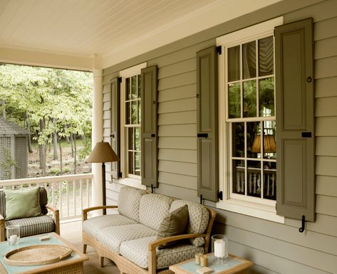 Olive green shutters with raised panels and functional hardware on beige house. Shutter Inspiration, House Shutter Colors, Green Siding House, Beige House Exterior, Exterior Shutter Colors, Sage Green House, Green Exterior House Colors, Green House Exterior, Green Siding