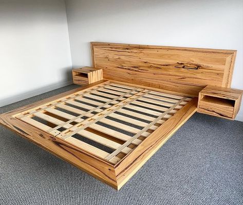 Timber Bedhead, Floating Platform Bed, Bed Frame Plans, Timber Beds, Floating Bed Frame, Floating Platform, Wood Bed Design, Recycle Timber, Upholstery Bed