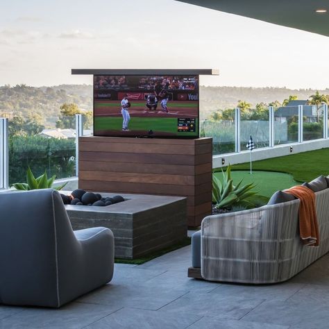 Brookside Design on Instagram: “Are you ready for Superbowl Sunday? 🏈Take the fun outdoors with an outdoor living room that includes a hidden TV... At project…” Outdoor Hidden Tv, Backyard Tv, Outdoor Tv Ideas, Outdoor Tv Stand, Perth House, Outdoor Tv Cabinet, Wooden Patio Furniture, Superbowl Sunday, Deck Fire Pit