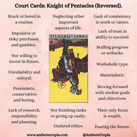 Knight Of Pentacles Reversed, Court Cards Tarot, Knight Of Pentacles Tarot, Suit Of Pentacles, Knight Of Pentacles, Tarot Interpretation, Court Cards, Pentacles Tarot, Tarot Significado