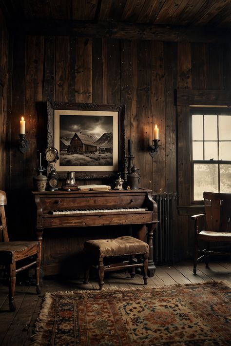 Immerse yourself in the enchanting ambiance of this rustic room, where the charm of yesteryear comes alive. The centerpiece—a vintage piano—invites you to play sweet melodies, surrounded by the soft flicker of candlelight that dances across the weathered walls. Cozy chairs beckon you to sit and linger, while a beautifully worn old rug adds warmth underfoot, grounding the space in history. A plush pouffe rests beside the piano, perfect for a moment of reflection. Cozy Piano Room, Antique Piano Decor, Old Piano Aesthetic, Vintage Piano Aesthetic, Piano Dark Academia, Piano Styling, 1800s House, Piano Lounge, Cozy Chairs