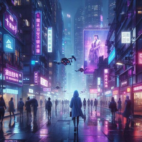 Cyberpunk city at night with purple and blue neon lights, streets wet from rain, people in futuristic clothes walking between buildings filled with digital billboards, drones flying above. #artificialintelligence #3d #cyberpunk #citylights #nightphotography #neon 3d Cyberpunk, Futuristic Clothes, Blue Neon Lights, City At Night, Cyberpunk City, Neon Design, Blue Neon, Cyberpunk Style, Future City