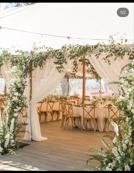 Tent Entry Wedding, Tent Wedding Greenery, Tent Entrance Florals, Tent Entrance Flowers, Wedding Inspo Reception, Pergola Greenery, Tent Greenery, Sailcloth Tent Wedding, Hanging Flowers Wedding