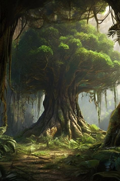 Leonardo Diffusion XL Super big tree in a jungle in the tree t 3 Giant Tree Fantasy Art, Big Tree Aesthetic, Huge Tree, Jungle Tree, Fantasy Tree, Rustic Bathroom Designs, Giant Tree, Magical Land, Tropical Tree