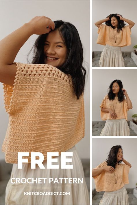 Simple crochet poncho top pattern made from 2 pieces and then sewn together. This free crochet top pattern includes women's sizes XS-XXL. Crochet Top Outfit, Mode Crochet, Crochet Ladies Tops, Crochet Tops Free Patterns, Crochet Summer Tops, Crochet Granny Square, Crochet Fashion Patterns, Crochet Cardigan Pattern, Crochet Vest