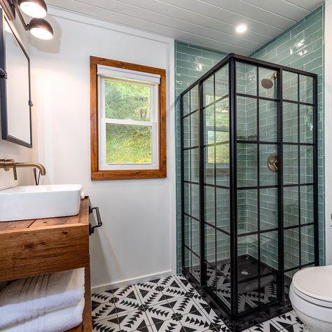 Another angle of this clean and modern black and white bathroom featuring the DreamLine French Corner shower enclosure! The other side of… | Instagram Corner Shower Tile, Dreamline Shower Doors, Corner Shower Ideas, Walk In Shower Doors, Dreamline Shower Door, Bypass Sliding Shower Doors, Dreamline Shower, Shower Door Designs, Bold Bathroom