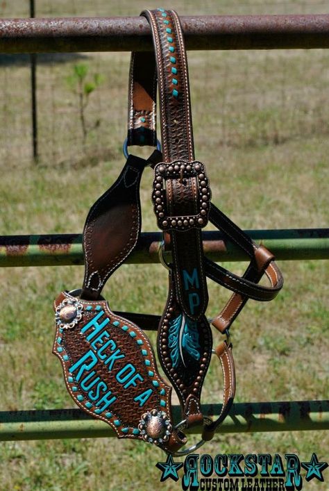 Rockstar Custom Leather Bronc Halter Bronc Halters For Horses, Custom Halters Horses, Tooled Leather Halter, Custom Horse Halter, Custom Bronc Halter, Leather Horse Halter, Western Horse Tack Turquoise, Barrel Racing Tack Sets, Leather Horse Tack