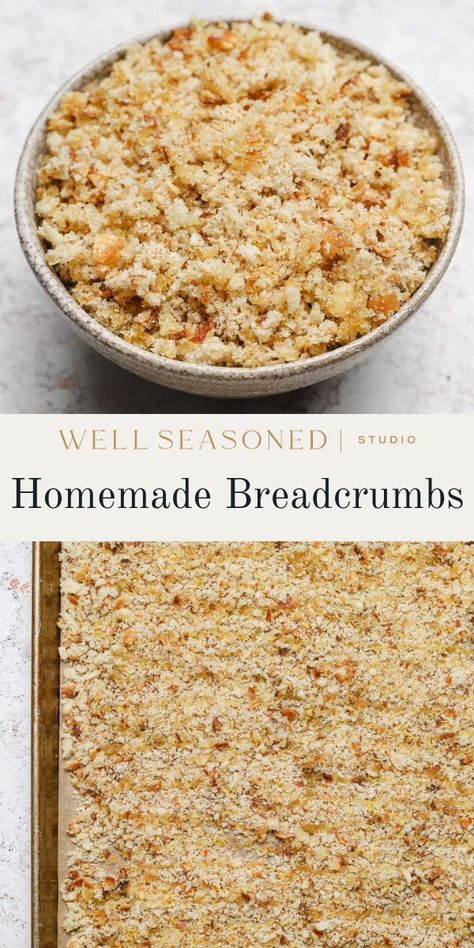 Homemade Breadcrumbs are the very best use for leftover bread and incredibly easy to make from scratch! They're crispy, they're crunchy, and you can use any type of bread you want. Store breadcrumbs in a fridge -- or freeze for later! -- to use with your favorite recipes, such as in meatballs, as a breading mixture for chicken or eggplant, or turned into a crunchy topping for pastas. DF #wellseasonedstudio #breadcrumbs #homemadebreadcrumbs How To Make Bread Crumbs Out Of Bread, Seasoned Bread Crumbs Recipe, Home Made Bread Crumbs Recipes, Bread Crumb Recipes, How To Make Bread Crumbs, Diy Bread Crumbs, Homemade Breadcrumbs, How To Make Breadcrumbs, Homemade Bread Crumbs