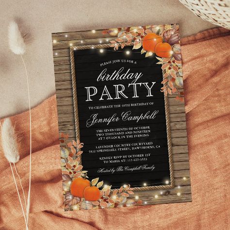 Rustic Country Autumn Fall Birthday Party Invitation Fall Birthday Party Ideas, Harvest Birthday Party, Country Birthday Party, Fall Birthday Invitations, Fall Birthday Party, Country Autumn, Surprise Birthday Invitations, Autumn Invitations, Fall Birthday Parties