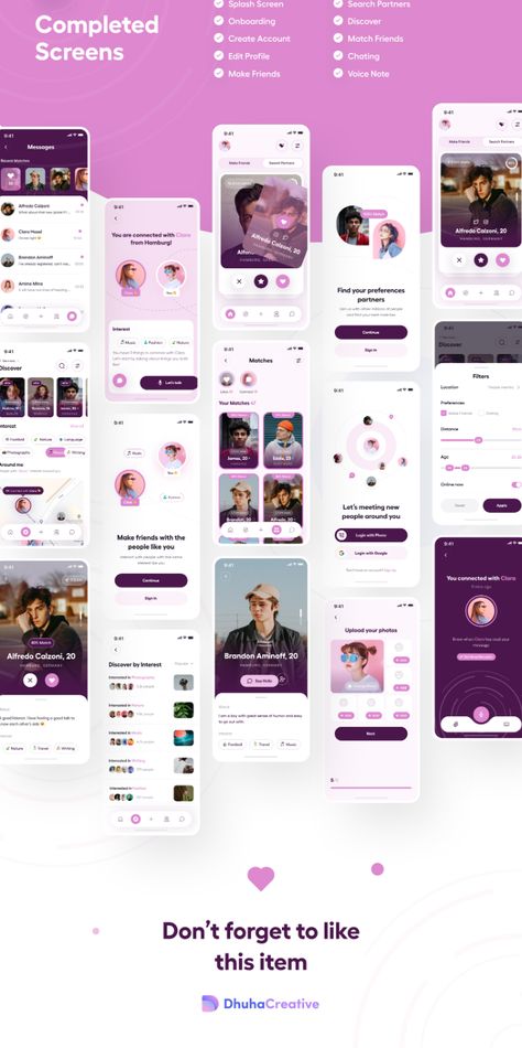 Friendzy - The Ultimate Dating App UI Kit UI Element Dating App Graphic Design, Matrimony App Ui Design, App Branding Design, Dating App Ui Design, Dating App Design, Best App Design, Ui Design Principles, Ui Design Mobile, App Inspiration