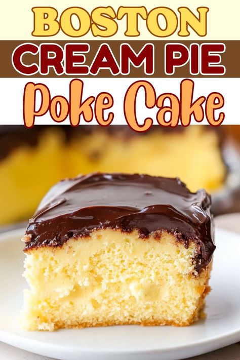 This Boston cream pie poke cake combines fluffy vanilla cake, creamy pudding, and a layer of silky-smooth chocolate ganache. It's pure dessert bliss! Poke Cake Recipes Vanilla Pudding, Poke Cake Filling, Boston Cream Pie Poke Cake Easy, Boston Cream Poke Cake Easy, Simple Poke Cake, Boston Crème Poke Cake, Cake With Pudding Layer, Italian Cream Poke Cake, Old School Cake Recipes