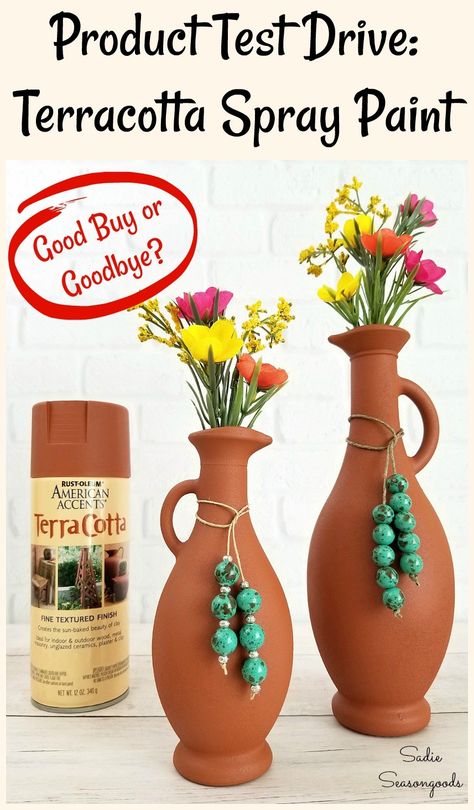 Terracotta spray paint by Rust-oleum...have you tried it? Sadie Seasongoods put it to the test in her latest Product Test Drive and used it on upcycled glass cruets from her pantry. Find out if this terracotta spray paint gives you the southwestern style with sun-baked clay that you've been looking for at www.sadieseasongoods.com Diy Southwestern Decor Ideas, Terra Cotta Spray Paint, Jim Street, Spray Painting Glass, Diy Western, Terracotta Paint, Boho Vase, Simple Projects, Painting Glass