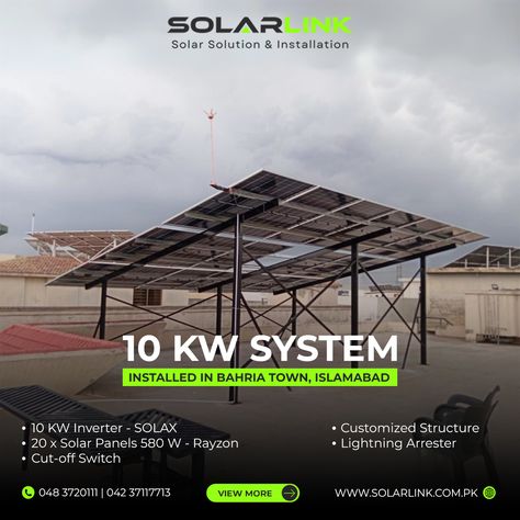 ⚡Power Up Your Home in Islamabad with Solarlink! 💚🇵🇰 Look who's joined the solar revolution! 💫 A stunning 10 KW system installed in a beautiful home in Bahria Town, Islamabad. 😯 This system is packed with top-notch features to ensure a bright and sustainable future for the homeowners: Project Components: 📱 10 KW Inverter - SOLAX 🔰 20 x Solar Panels 580 W - Rayzon ✂️ Cut-off Switch 👨‍🔧 Customized Structure ✅ Lightning Arrester We can design a custom solar solution perfect for your needs! ... Solar Panel Project, Solar System Projects, Bahria Town, Solar Solutions, Solar Panel Installation, Sustainable Future, Turkish Delight, Solar Cell, Can Design