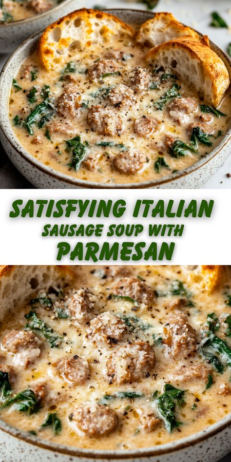 A hearty and comforting Italian sausage soup packed with rich flavors, cannellini beans, and fresh greens. Finished with Parmesan, this easy one-pot meal is perfect for a cozy night in. Ready Parmesan Italian Sausage Soup, Hearty Sausage Soup, Creamy Italian Sausage And Orzo Soup, Italian Parmesan Soup, Italian Sausage And Green Beans, Hot Italian Sausage Soup Recipes, Crock Pot Italian Sausage Recipes, Crock Pot Italian Soup, Greens And Beans Recipe Italian Sausage