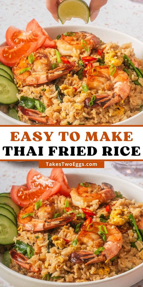 This easy Thai fried rice (khao pad) can be made in your kitchen in under 30 minutes! This fried rice recipe is made with fragrant jasmine rice, succulent shrimp, eggs, leafy greens and a medley of delicious umami sauces. It's a great easy dinner recipe! Pad Thai Rice, Thai Chicken Fried Rice Recipe Authentic, Cambodian Fried Rice, Egg Fried Rice Recipe Easy, Thai Rice Recipes, Crab Fried Rice Thai, Thai Basil Fried Rice With Shrimp, Thai Basil Fried Rice, Thai Fried Rice