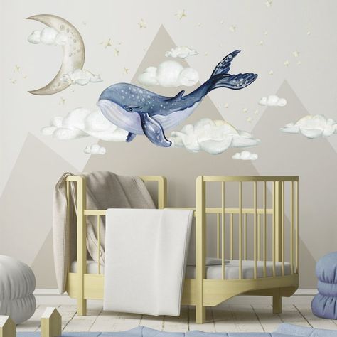 Whale Baby Room, Whale Wall Decals, Navy Blue Nursery, Big Stickers, Space Whale, Whale Theme, Moon Decal, Ocean Themed Nursery, Whale Decor