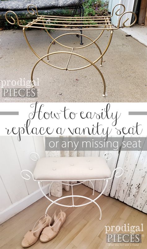 Want to know how to replace a vanity seat (or any seat)? Let Larissa of Prodigal Pieces show you how | Head to prodigalpieces.com #prodigalpieces #diy #home #homedecor #diy #vintage #linen #farmhouse Appliance Makeover, Vanity Seat, Old Vanity, Stool Cushion, Diy Vanity, Upcycle Decor, Free Furniture, Vanity Chair, Upholstery Foam