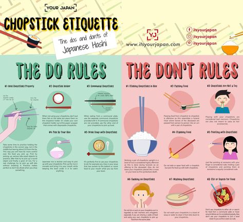 Chopstick etiquette - I never realized how many things are taboo! #CoolGuide Chopstick Etiquette, Eating Etiquette, How To Use Chopsticks, Tokyo Bucket List, Japanese Etiquette, Manners And Etiquette, Chopstick Holders, Japan Tips, Tea Etiquette