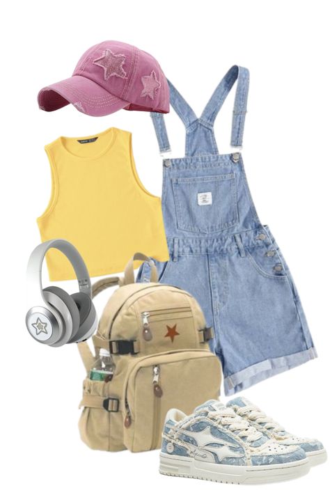 cute outfit, fresh and energetic look, overall, jeans, croptop, backpack, earmuff, pink cap, outfit ideas Pink Overalls Outfits, Pink Cap Outfit, Overalls Outfits, Overall Jeans, Pink Overalls, Outfit Polyvore, Cap Outfit, Overalls Outfit, Pink Cap