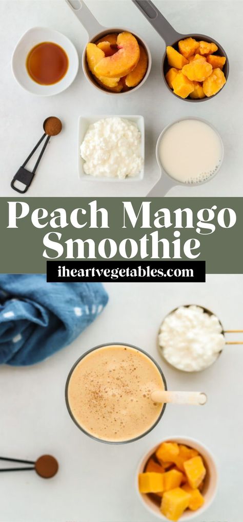 This peach mango smoothie is made with frozen fruit and creamy cottage cheese for a smoothie that is delicious and satisfying! This easy recipe is great for breakfast on the go! Smoothies With Frozen Fruit, Frozen Fruit Smoothie Recipes, Peach Mango Smoothie, Cottage Cheese Smoothie, Vegan Greek Yogurt, Peach Smoothie Recipes, Frozen Fruit Smoothie, Vegan Greek, Perfect Smoothie