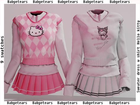 ♡Sweater dress w shirt Hello kitty♡ Mesh by me 9 Swatches All lods Compatible HQ do NOT re-upload and or claim as own creation Do not share in folders or other sites, (ONLY WHEN THIS IS... Lotes The Sims 4, Sims 4 Anime, Hello Kitty Dress, Pelo Sims, The Sims 4 Packs, Hello Kitty Clothes, Sims 4 Body Mods, Sims 4 Expansions, Sims 4 Cc Folder