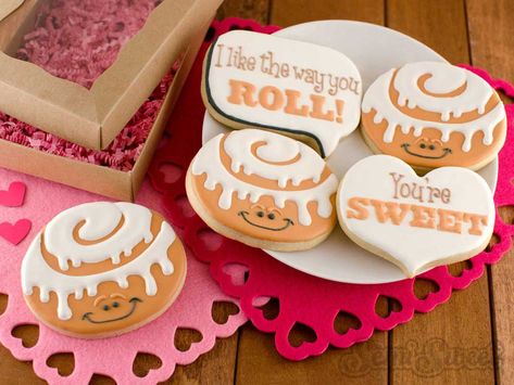 Valentine's Cakes, Semi Sweet Designs, Cookies Board, Cinnamon Sugar Cookies, Cookie Decorating Supplies, Cinnamon Roll Cookies, Valentines Baking, Dinosaur Cookies, Valentines Cookies