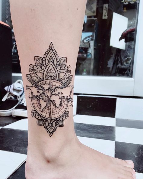 Mandala Travel Tattoo, Travel Mandala Tattoo, Forearm Tattoo Women Travel, Floral Compass Tattoo Half Sleeves, Globe Tattoos For Women, Travel Inspired Tattoos For Women, Travel Sleeve Tattoo Women, World Tattoos For Women, Travel Tattoos For Women Unique