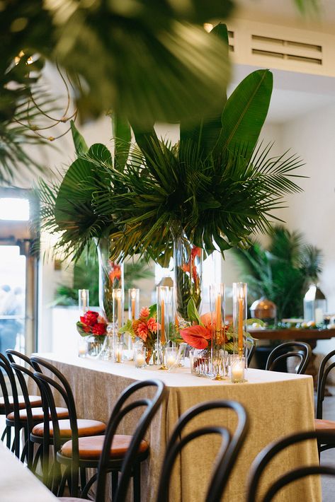 Bring the tropics to your wedding table with radiant orange centerpieces! Infused with the spirit of exotic blooms and lush foliage, these vibrant arrangements are perfect for adding a touch of tropical magic to your special day. Fall Tropical Wedding Flowers, Tropical Foliage Centerpieces, Tropical Foliage Arrangements, Round Table Centerpieces Wedding Tropical, Low Tropical Centerpieces Wedding, Tropical Wedding Centerpieces Long Table, Tropical Greens Centerpiece, Tropical Wedding Table Decor, Stage Flowers