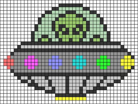 Alien UFO Perler Bead Pattern Alien Knitting Chart, Alien Perler Bead Patterns, Ufo Pixel Art, Space Perler Beads, Space Perler Bead Patterns, Rave Perler Pattern Trippy, Rave Perler Bead Patterns, Alien Perler Beads, Large Perler Bead Patterns