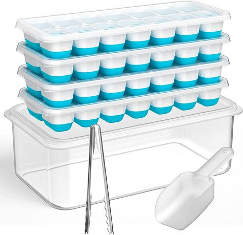 Silicone Ice Cube Trays for Freezer with Ice Box, 4 Pack Ice Trays with Ice Container for Cocktails, Stackable Ice Maker with Storage Ice Bin, Ice Tong & Scoop Large Ice Bucket, Ice Remover, Plastic Ice Cubes, Ice Bin, Ice Trays, Ice Tongs, Ice Scoop, Silicone Tray, Silicone Ice Cube Tray