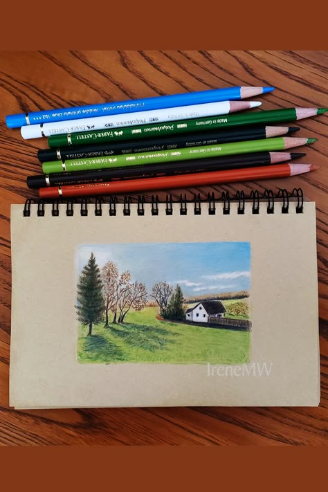 Nature Color Pencil Drawing, Landscape Art Colored Pencil, Colored Pencil Aesthetic, Colour Pencil Art Sketches, Colour Pencil Art Landscapes, Toned Paper Drawing, Free Spirit Art, Pencil Inspiration, Mini Landscape