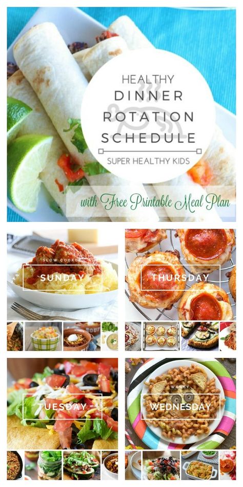 Healthy Theme Dinner Rotation Schedule and Free Meal Plan Clean Dinner, Free Meal Planner, Meal Schedule, Dinner Rotation, Super Healthy Kids, Slow Cooker Vegetarian, Simple Nutrition, Kids Meal Plan, Family Meal Planning