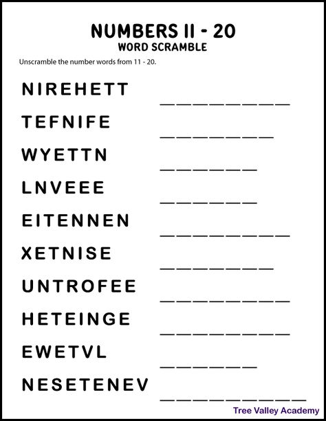 A free printable numbers word scramble for kids of the number words from 11-20. Number 11-20 Worksheets Free, 11-20 Number Worksheets, Numbers 11-20, Numbers In Words Worksheet, Jumbled Words With Answers, Third Grade Spelling List, Number In Words, Spelling Numbers, Third Grade Spelling