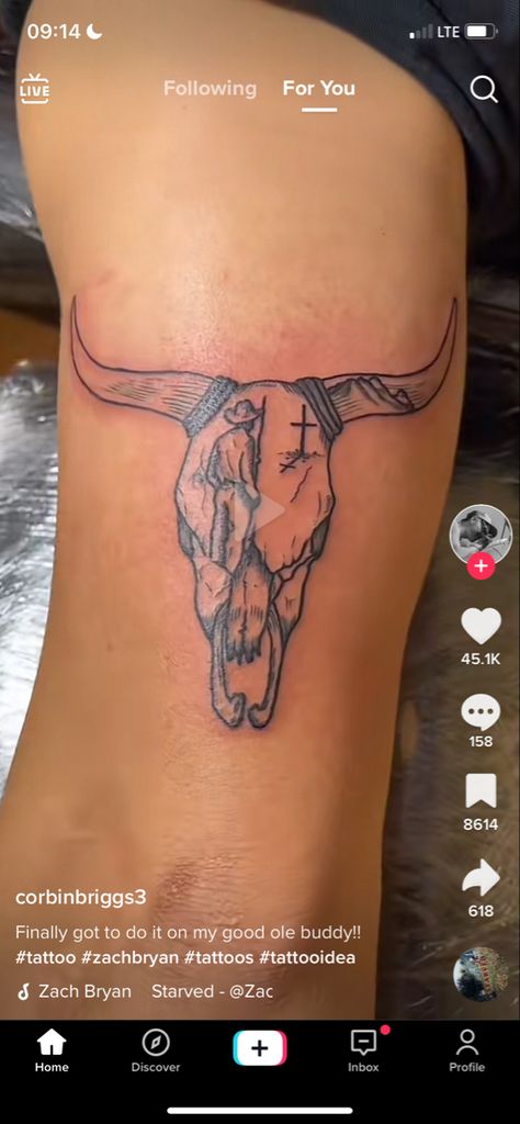 Longhorn Tattoo, Zach Bryan Tattoo, Cowgirl Tattoos, Thigh Tat, Upper Back Tattoos, Country Tattoos, Arm Tats, Western Tattoos, Zach Bryan