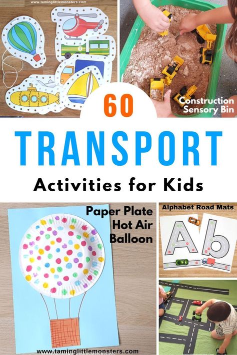 60 Transportation Activities for Kids. Fun and easy transport themed play ideas for toddlers, preschoolers and kindergarteners. #transport #artsandcrafts #sensory #finemotor #stem #toddler #preschool #kindergarten Transportation Activities For Kids, Units For Kindergarten, Transportation Science, Early Preschool, Transportation Preschool Activities, Transportation Theme Preschool, Preschool Math Centers, Bus Crafts, Transportation Unit