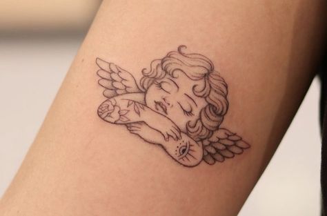 Angle Tattoo, Baby Angel Tattoo, Cupid Tattoo, Cherub Tattoo, Elbow Tattoos, Kawaii Tattoo, Angel Tattoo Designs, Jesus Love, Shoulder Tattoos For Women