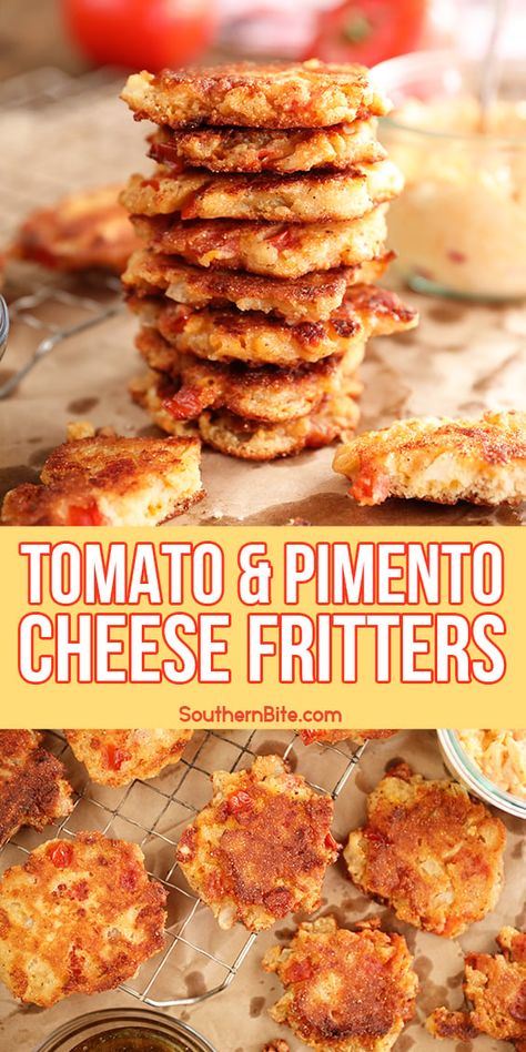 Tomato and Pimento Cheese Fritters How To Use Pimento Cheese, Pimento Cheese Appetizer Ideas, Pimento Cheese Fritters, Pimento Cheese Biscuits, Creamy Pimento Cheese, Pimento Cheese Appetizer, Tomato Cobbler, Tomato Fritters, Cheese Fritters