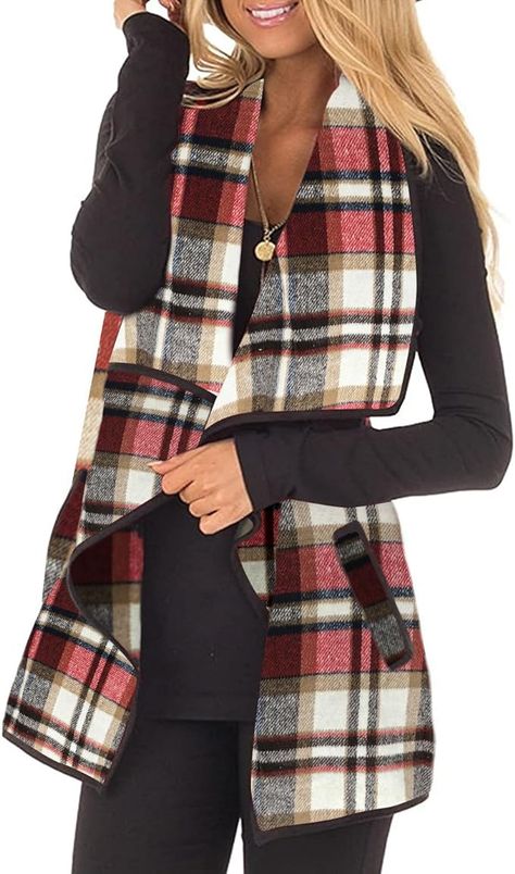 Features: Lapel, Draped open front, Plaid pattern, Front pockets, Brushed fabric exterior, Sleeveless cardigans with unique trim for women Fashion mix: Easy to wear with your favorite pants, jeans, skirt, leggings or boots. Dressy Vest, Plaid Clothing, Long Sleeveless Cardigan, Buffalo Plaid Vest, Vest Style Women, Trendy Vest, Flannel Vest, Casual Outwear, Pockets Fashion