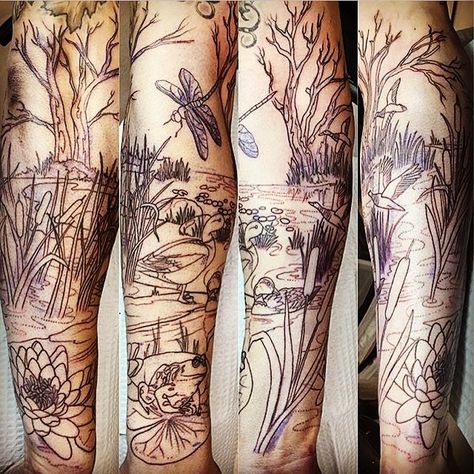 It was a great day to add some ink to my arm! Loving the new additions #naturesleeve #frog #duck #lily #lilypad #ink #wetlands Frog Lily Pad Tattoo, Swamp Tattoo Ideas, Pond Tattoo Sleeve, Frog On Lily Pad Tattoo, Pond Scene Tattoo, Lilypad Tattoo Water Lilies, Wetland Tattoo, Pond Tattoo, Swamp Tattoo