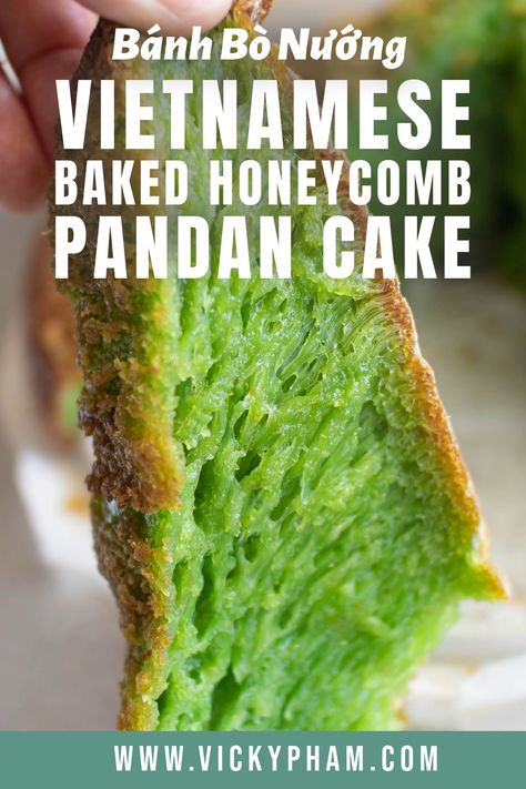 A delicious Vietnamese baked honeycomb pandan cake. It is made primarily with eggs, pandan, coconut milk, rice flour and tapioca starch. The cake has a light, springy, and airy texture with a burst of pandan and coconut flavor. Pandan Rice Cake, Pandan Honeycomb Cake Recipe, Pandan Sponge Cake, Vietnamese Dessert Recipe, Pandan Honeycomb Cake, Pandan Dessert, Pandan Recipe, Pandan Custard, Fresh Desserts