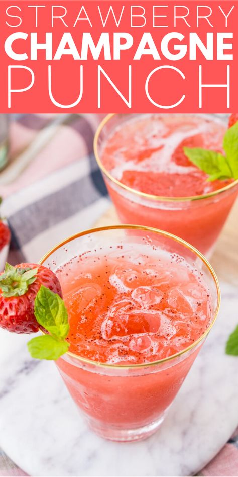 This Strawberry Champagne Punch is the ultimate pink drink! It's sparkly, easy to make, and loaded with strawberry sweetness! Champagne Valentines Drink, Valentine Champagne Punch, Pink Punch Alcoholic Recipe, Bridal Punch Recipes, Champagne Drink Ideas, Drinks With Champagne, Valentine's Drinks, Strawberry Champagne Punch, Pink Alcoholic Drinks