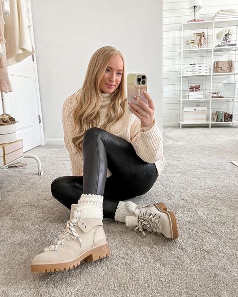 Holiday Fashion Finds from Walmart Cream Combat Boots Outfit Fall, Sweater Dress With Cream Bootie Boots, Ivory Combat Boots Outfit, Trendy White Winter Booties, Hiker Boots Outfit Women, Sherpa Combat Boots, Hiker Boots Outfit, Combat Boots Style, Long Puffer Coat