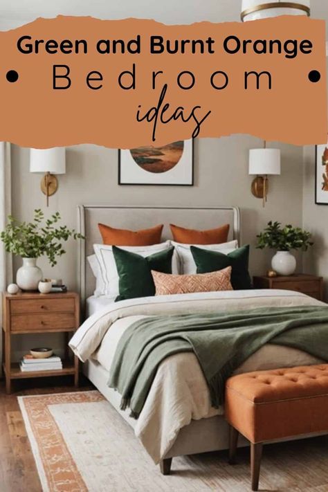 Green and Burnt Orange Bedroom Ideas - A Bold Color Duo - West Magnolia Charm Orange Green And Cream Bedroom, Grey Green Orange Bedroom, Bedroom Ideas Orange And Green, Emerald Green Burnt Orange Bedroom, Burnt Orange Bedding Aesthetic, Burnt Orange Bedroom Decor Ideas, Burnt Orange And Green Bedroom, Rusty Orange Bedroom, Rust And Green Bedroom